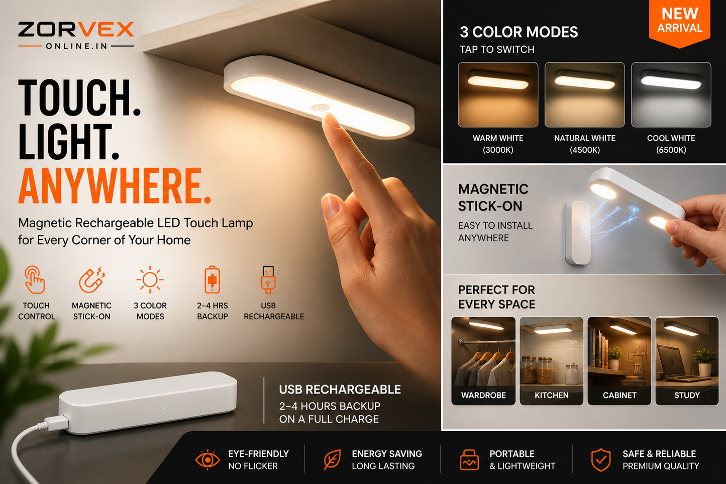 Magnetic Rechargeable LED Touch Lamp with 3 Color Modes | USB Stick-On Light for Wardrobe, Kitchen, Cabinet & Study | Eye-Friendly Portable Lighting (2–4 Hrs Backup, White)