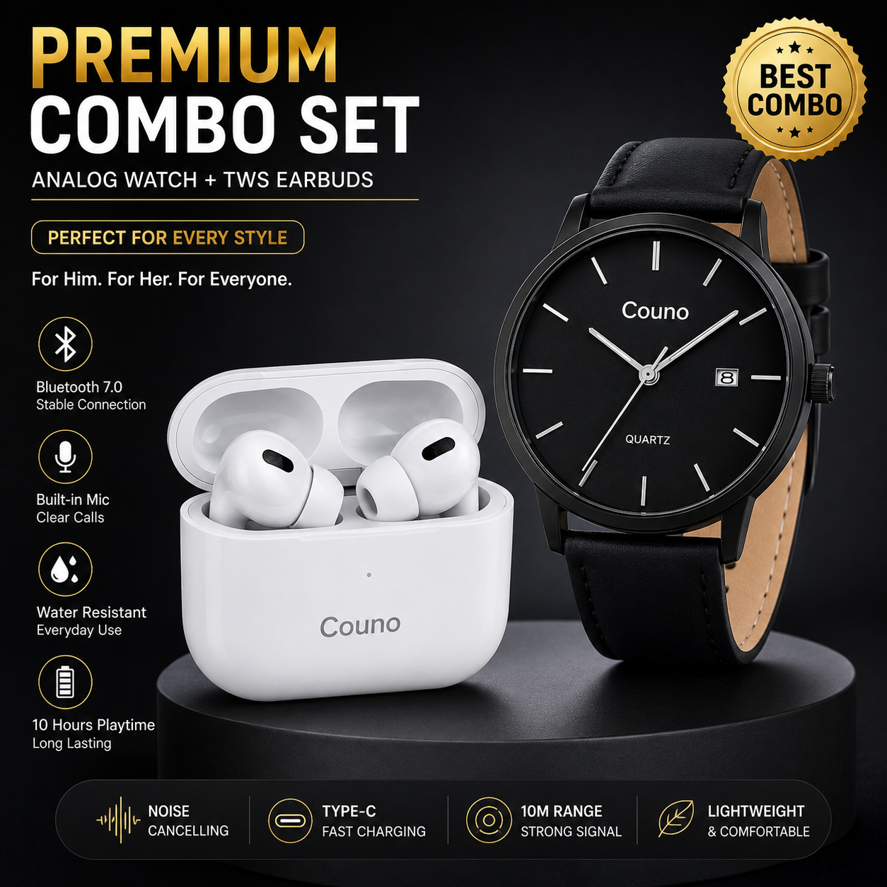 Premium Black Analog watch for girl & boys gift & wireless earbuds Combo for Men & Women