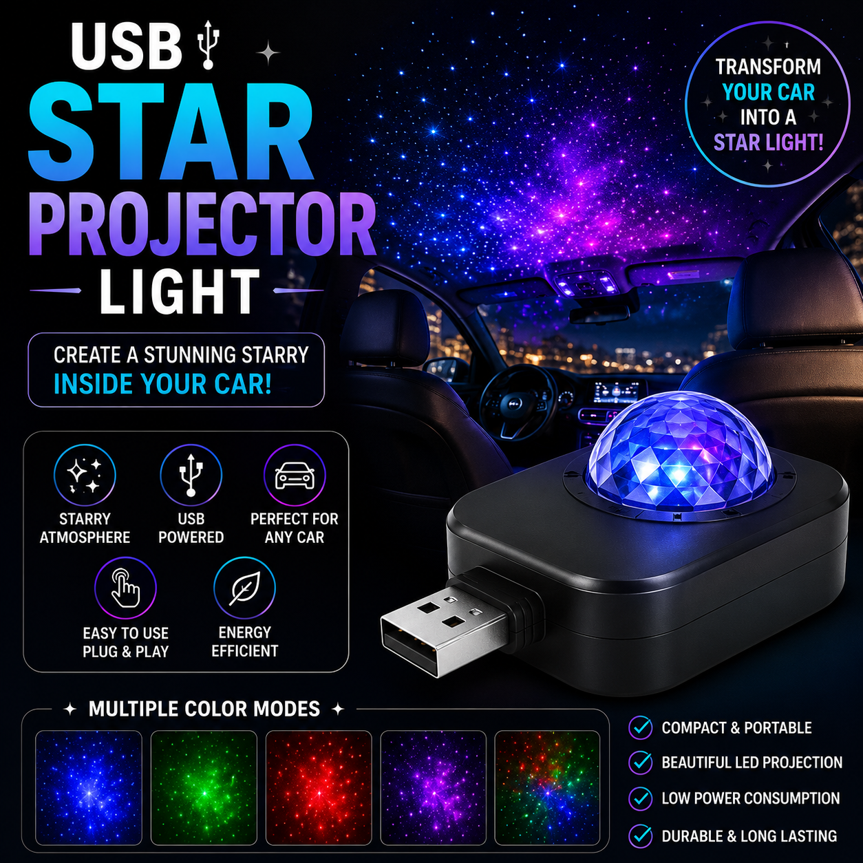 USB Roof Star Projector Light – Create a Stunning Starry Inside Your Car!