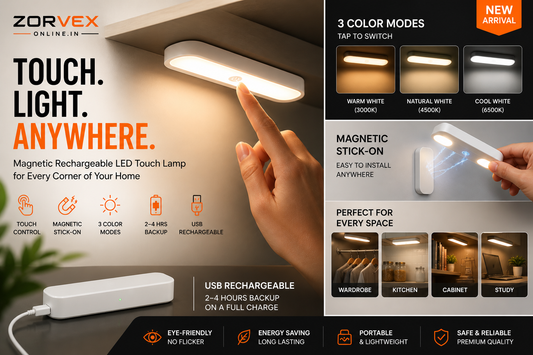 Magnetic Rechargeable LED Touch Lamp with 3 Color Modes | USB Stick-On Light for Wardrobe, Kitchen, Cabinet & Study | Eye-Friendly Portable Lighting (2–4 Hrs Backup, White)