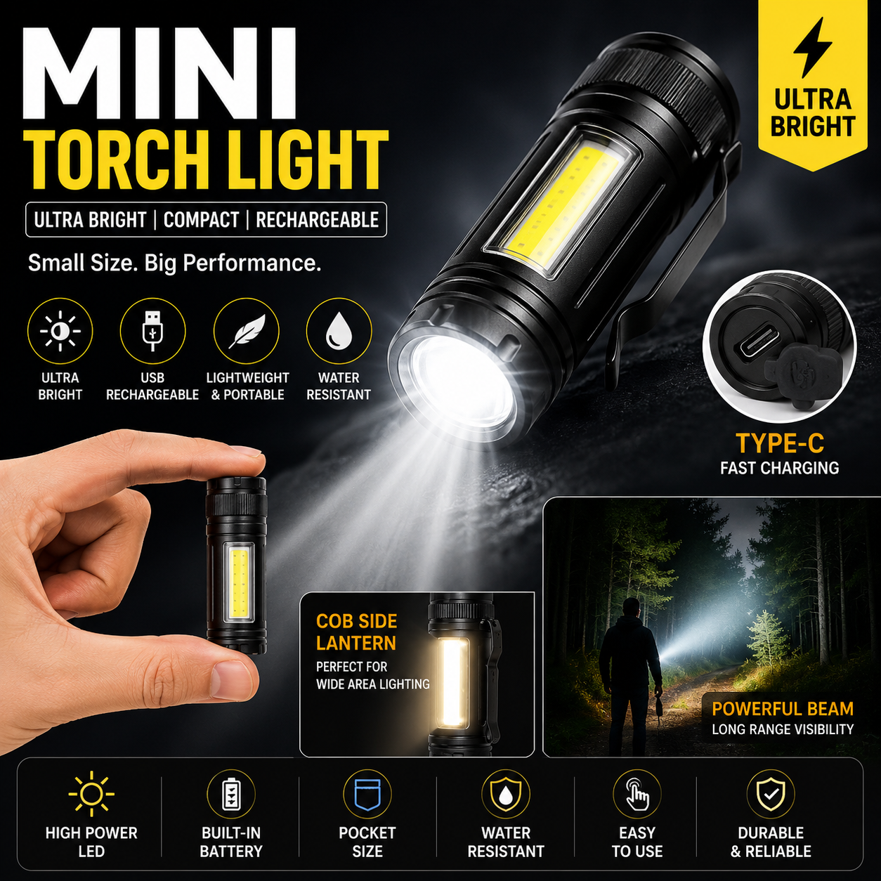 Mini Torch Light with LED Flashlight USB Rechargeable, Ultra Brightest Small Flash Light Handheld Pocket Compact Portable Tiny Lamp with COB Side Lantern, High Powered Tactical Travel Flashlights