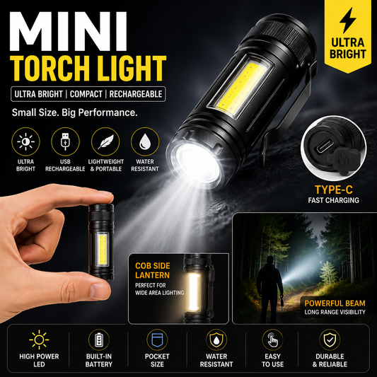 Mini Torch Light with LED Flashlight USB Rechargeable, Ultra Brightest Small Flash Light Handheld Pocket Compact Portable Tiny Lamp with COB Side Lantern, High Powered Tactical Travel Flashlights